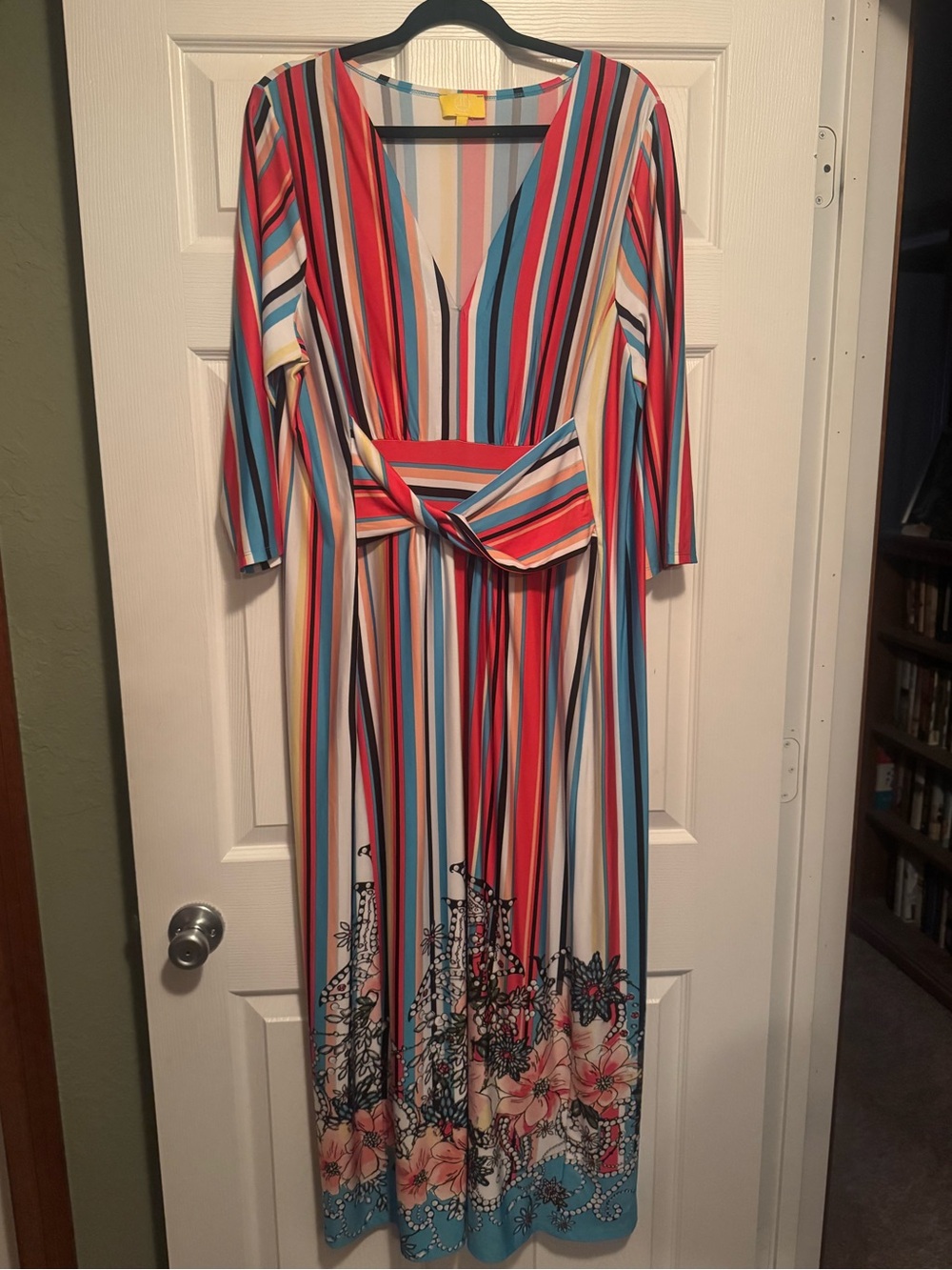 Liz Lange Sz 1X Multicolor Striped Maxi Dress with Floral Hem w/ dye flaw